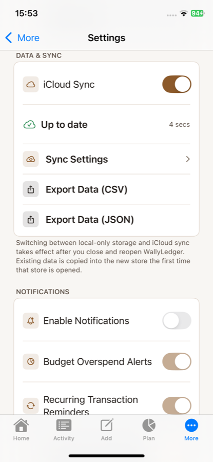 WallyLedger settings on iPhone showing iCloud sync and export options.