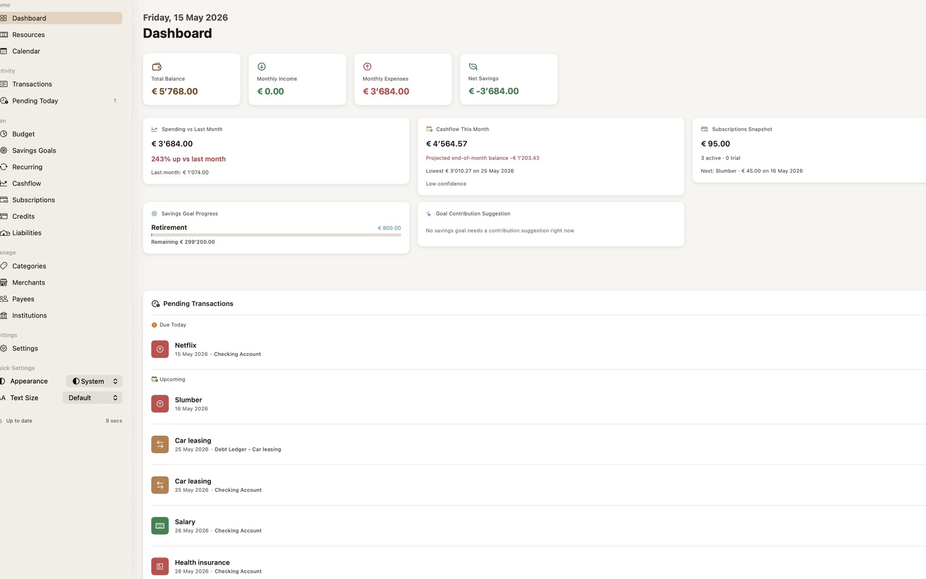 WallyLedger dashboard on macOS showing balances, spending, savings, pending transactions, and budget cards.